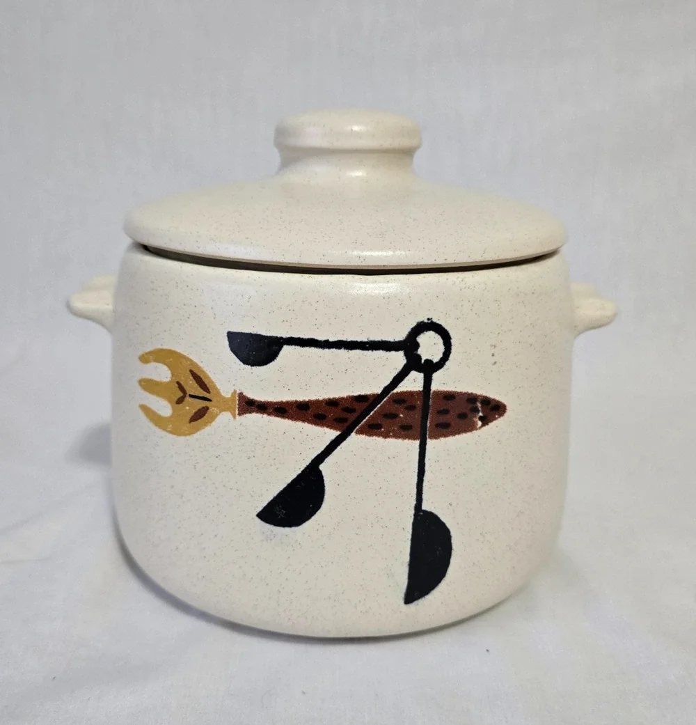 Vintage 1960's Westbend Stoneware Fork & Spoon Design Bean Dish with Lid
